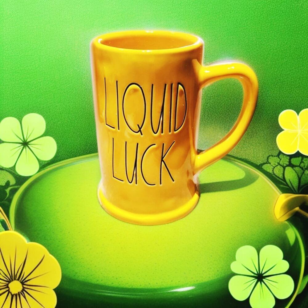 RAE DUNN CERAMIC MUG LIQUID LUCK TALL YELLOW GLAZED ST PATRICKS DAY